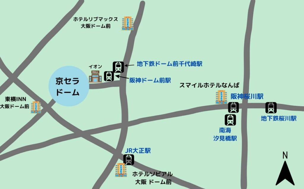京セラドーム付近のホテルの地図